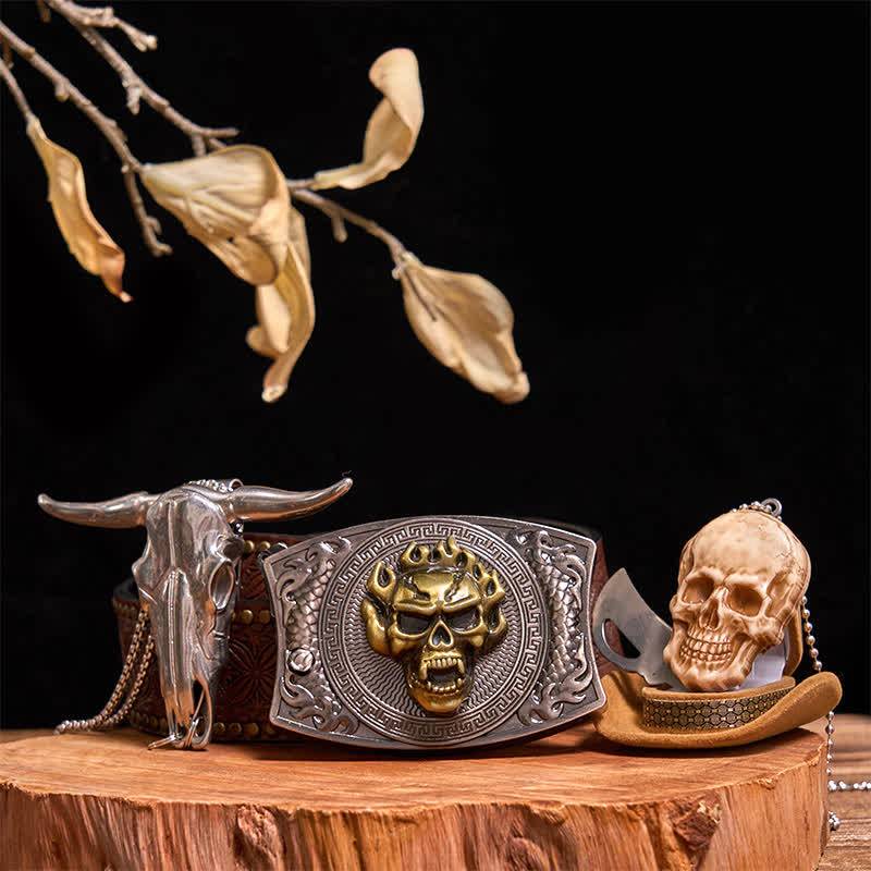 Gold Totenkopf DIY Verstecktes Messer Gürtelschnalle Bull Anhänger Totenkopf Kopf Halskette Bundle Set