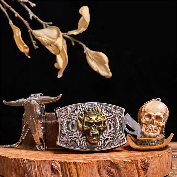 Gold Totenkopf DIY Verstecktes Messer Gürtelschnalle Bull Anhänger Totenkopf Kopf Halskette Bundle Set