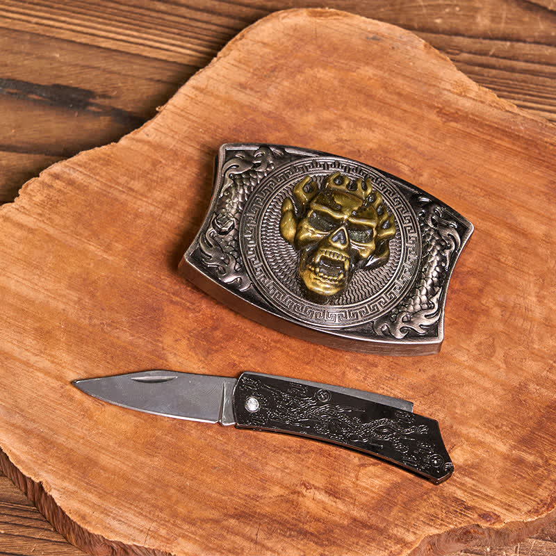 Gold Totenkopf DIY Verstecktes Messer Gürtelschnalle Bull Anhänger Totenkopf Kopf Halskette Bundle Set