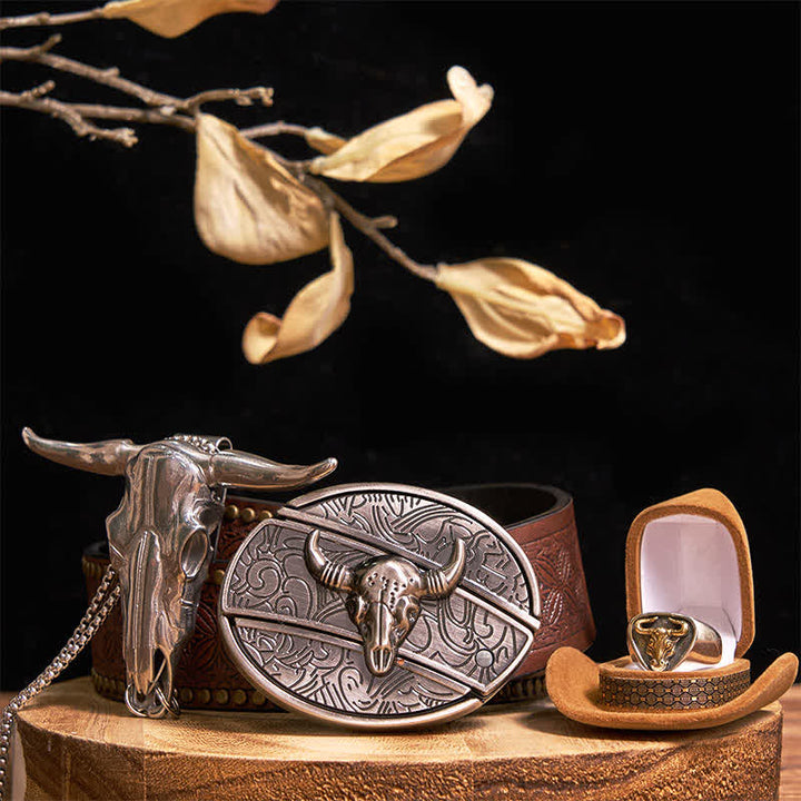 Longhorn Bull DIY Verstecktes Messer Gürtelschnalle Anhänger Ring Bundle Set