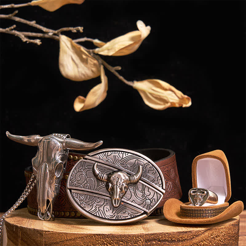 Longhorn Bull DIY Verstecktes Messer Gürtelschnalle Anhänger Ring Bundle Set