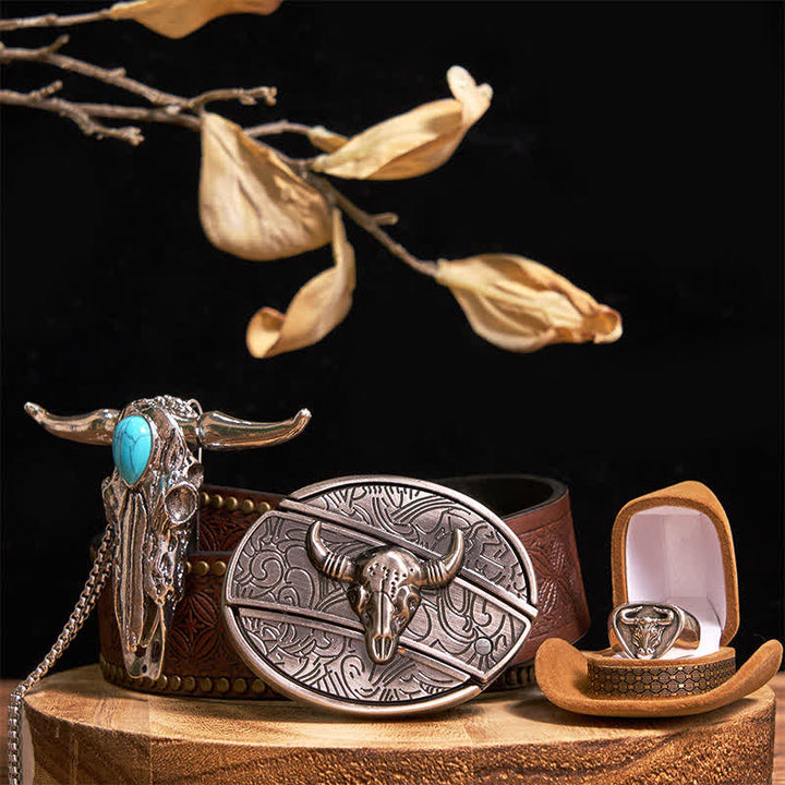 Türkis Longhorn Bull DIY verstecktes Messer Gürtelschnalle Anhänger Ring Bundle Set