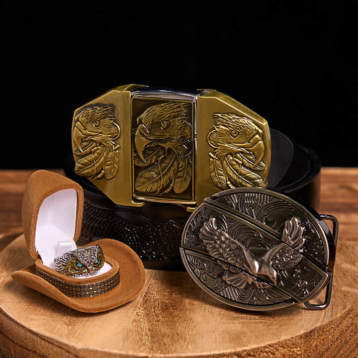 Adler-Thema DIY verstecktes Messer Gürtelschnalle Feuerzeug Ring Bundle Set