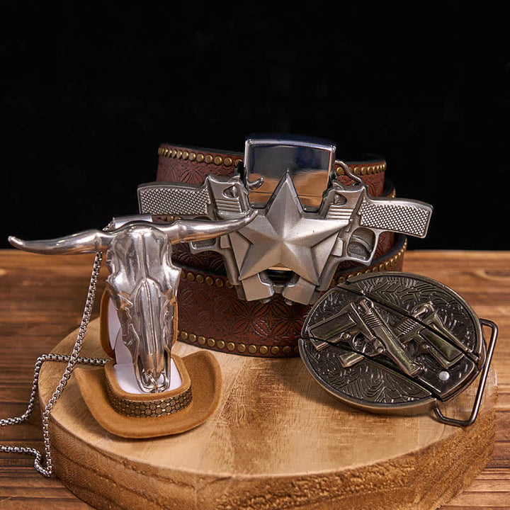 DIY Dual Guns verstecktes Messer Gürtelschnalle Bull Anhänger Kerosin Feuerzeug Bundle Set