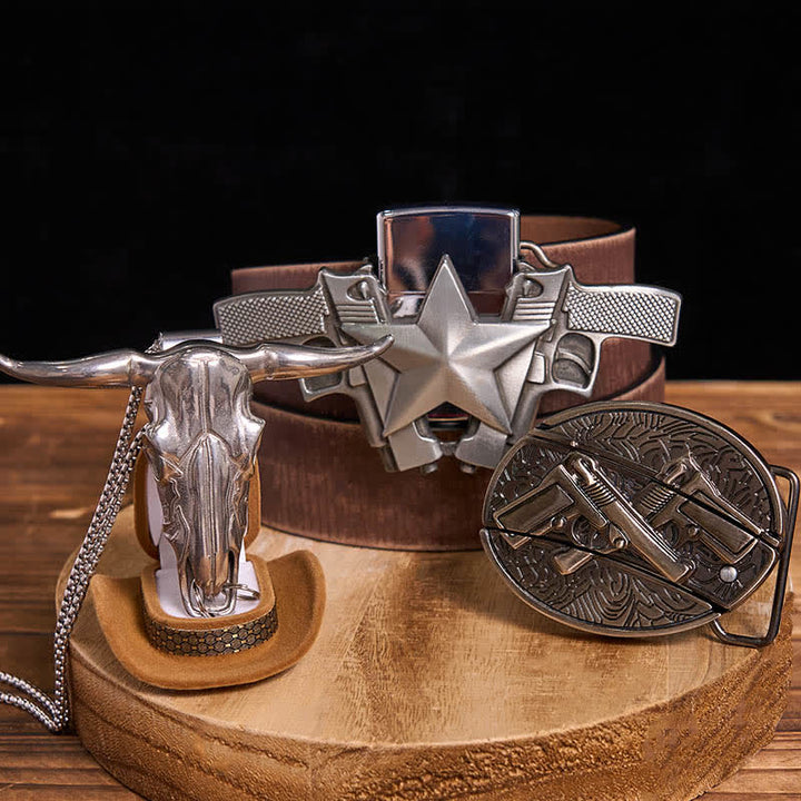 DIY Dual Guns verstecktes Messer Gürtelschnalle Bull Anhänger Kerosin Feuerzeug Bundle Set