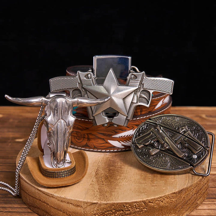 DIY Dual Guns verstecktes Messer Gürtelschnalle Bull Anhänger Kerosin Feuerzeug Bundle Set