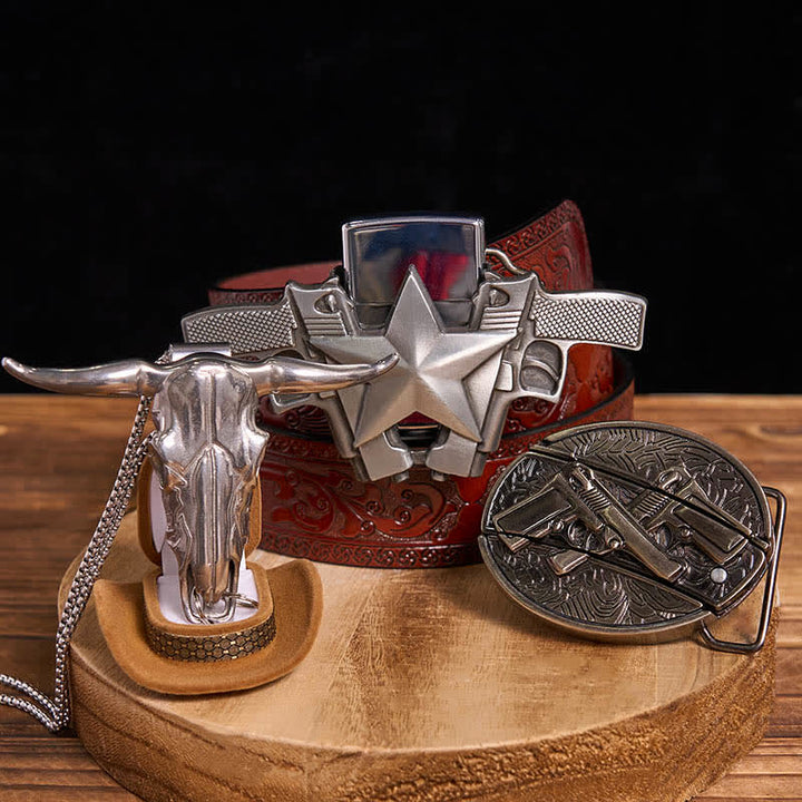 DIY Dual Guns verstecktes Messer Gürtelschnalle Bull Anhänger Kerosin Feuerzeug Bundle Set