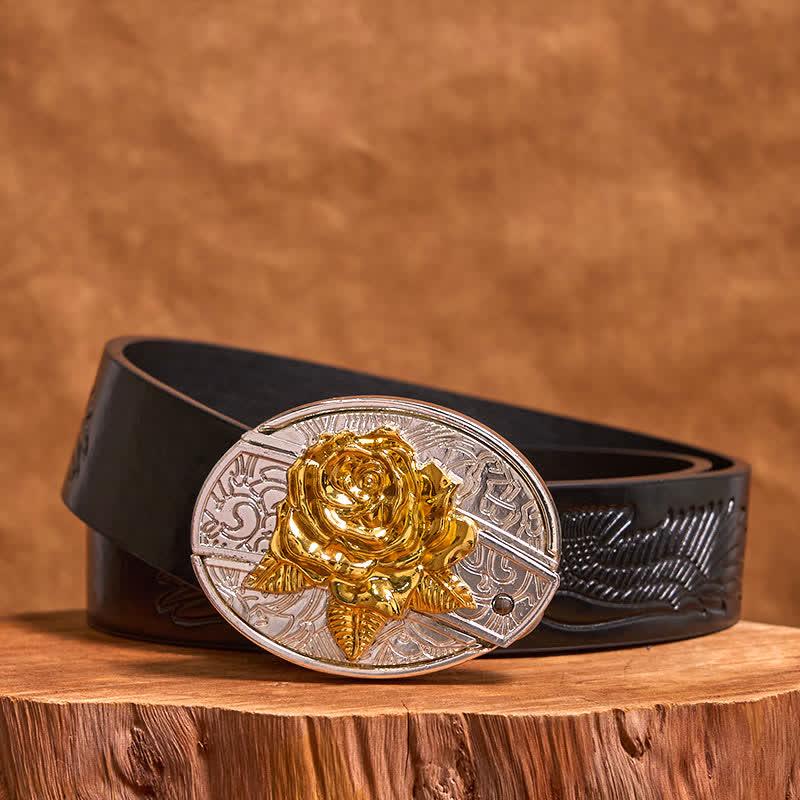 DIY-Ledergürtel für Herren mit verstecktem Klappmesser in Gold und Silber mit Rose - Rose - Schwarzer Gürtel mit geprägtem Adler - 42 - image 4