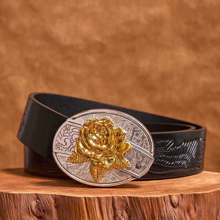 DIY-Ledergürtel für Herren mit verstecktem Klappmesser in Gold und Silber mit Rose - Rose - Schwarzer Gürtel mit geprägtem Adler - 42 - image 4