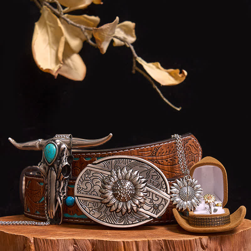 Sonnenblumen-Thema DIY verstecktes Messer Gürtelschnalle Türkis Bull Anhänger Bundle Set