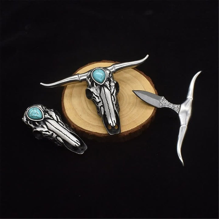 Longhorn Skull Türkis Multifunktions-EDC-Werkzeug-Anhänger-Gürtelschnalle