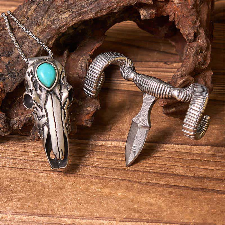 Türkisfarbene Gürtelschnalle mit Totenkopf-Schaf-Anhänger, multifunktional, silberfarben