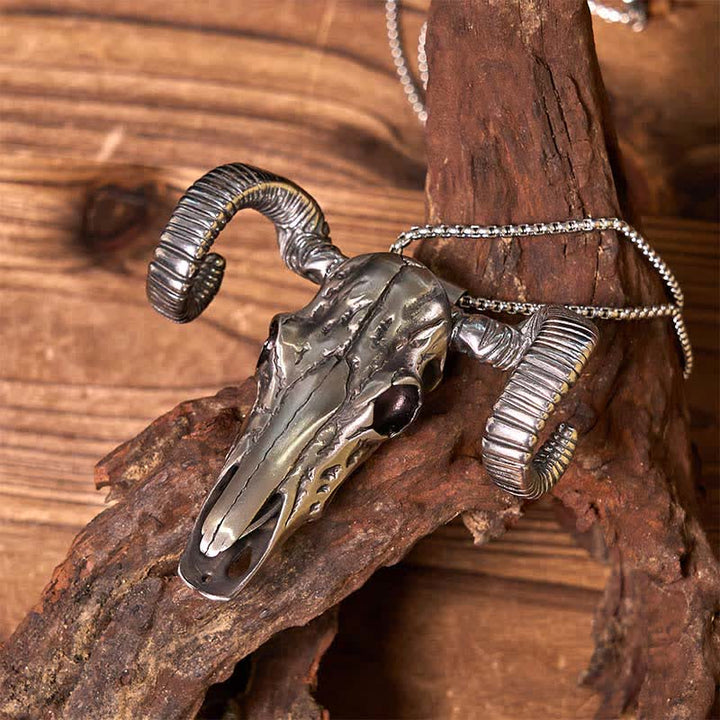 Gürtelschnalle mit Messeranhänger aus Edelstahl mit silbernem Totenkopf-Schaf D2 (Vorverkauf)