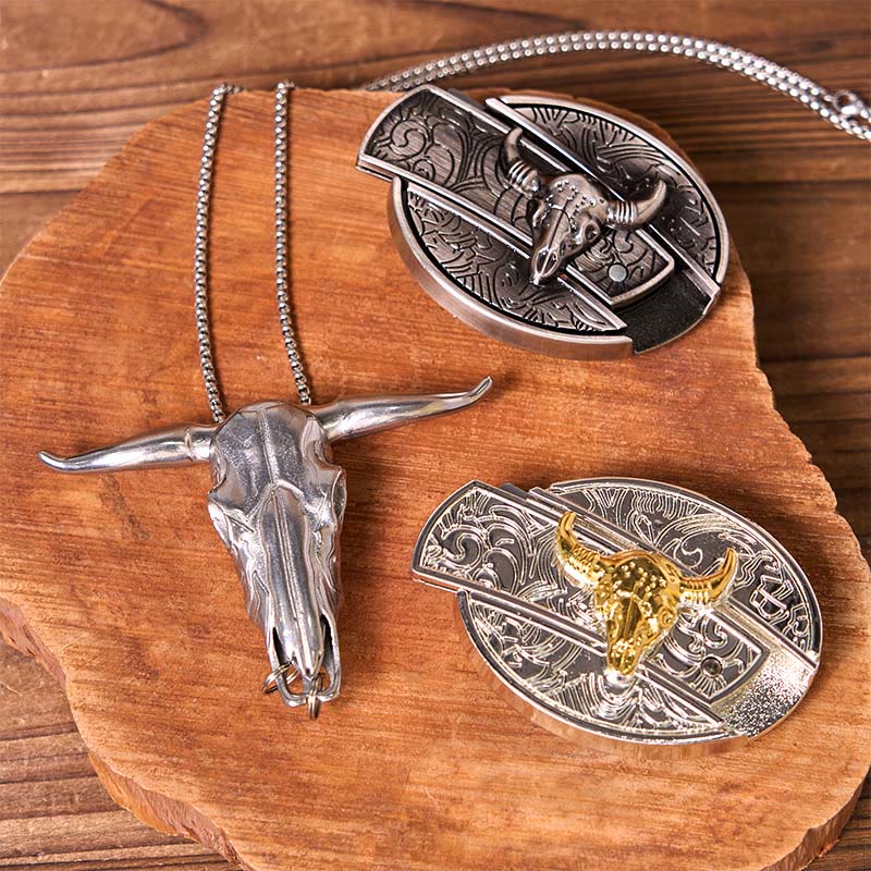 Double Bulls DIY Gürtelschnalle mit verstecktem Messer und Longhorn-Anhänger-Bundle-Set