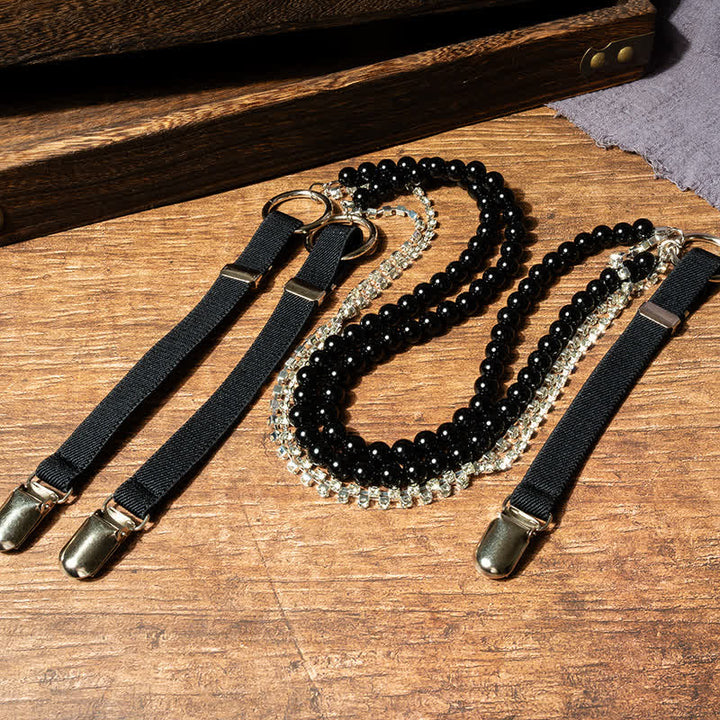Modische, schwarze, elastische Hosenträger mit Kunstperlenkette für Damen