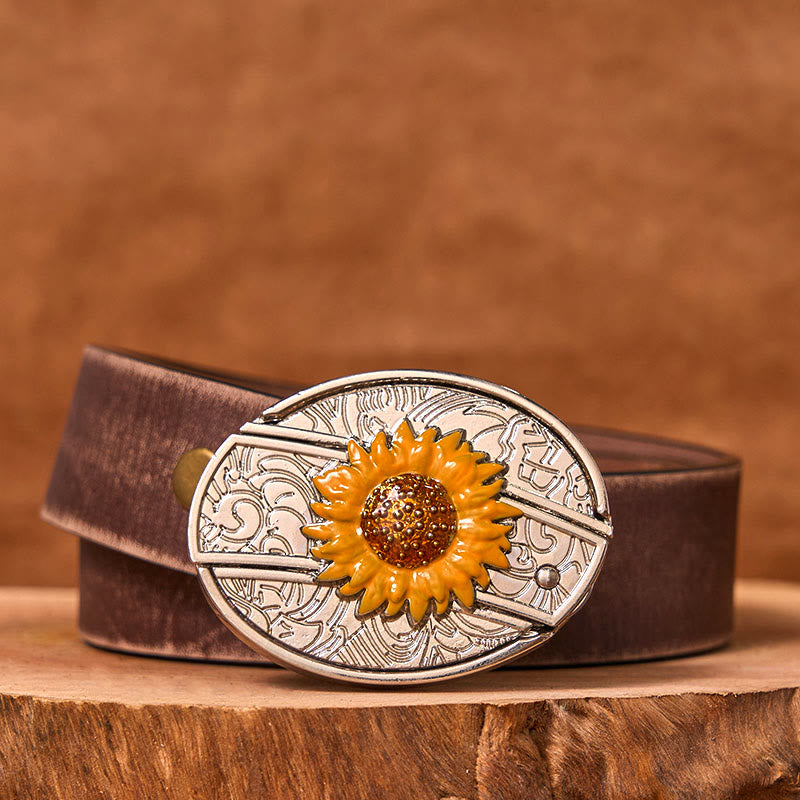 Bunter Herren-Ledergürtel mit Sonnenblumen-Motiv und verstecktem Messer im Western-Stil (Vorverkauf)