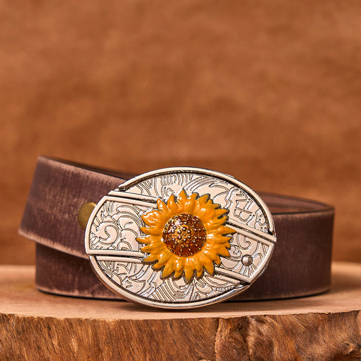 Bunter Herren-Ledergürtel mit Sonnenblumen-Motiv und verstecktem Messer im Western-Stil (Vorverkauf)