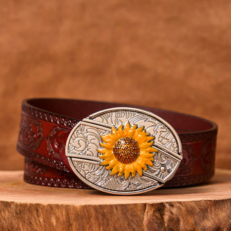 Bunter Herren-Ledergürtel mit Sonnenblumen-Motiv und verstecktem Messer im Western-Stil (Vorverkauf)