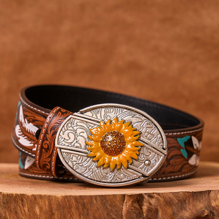 Bunter Herren-Ledergürtel mit Sonnenblumen-Motiv und verstecktem Messer im Western-Stil (Vorverkauf)
