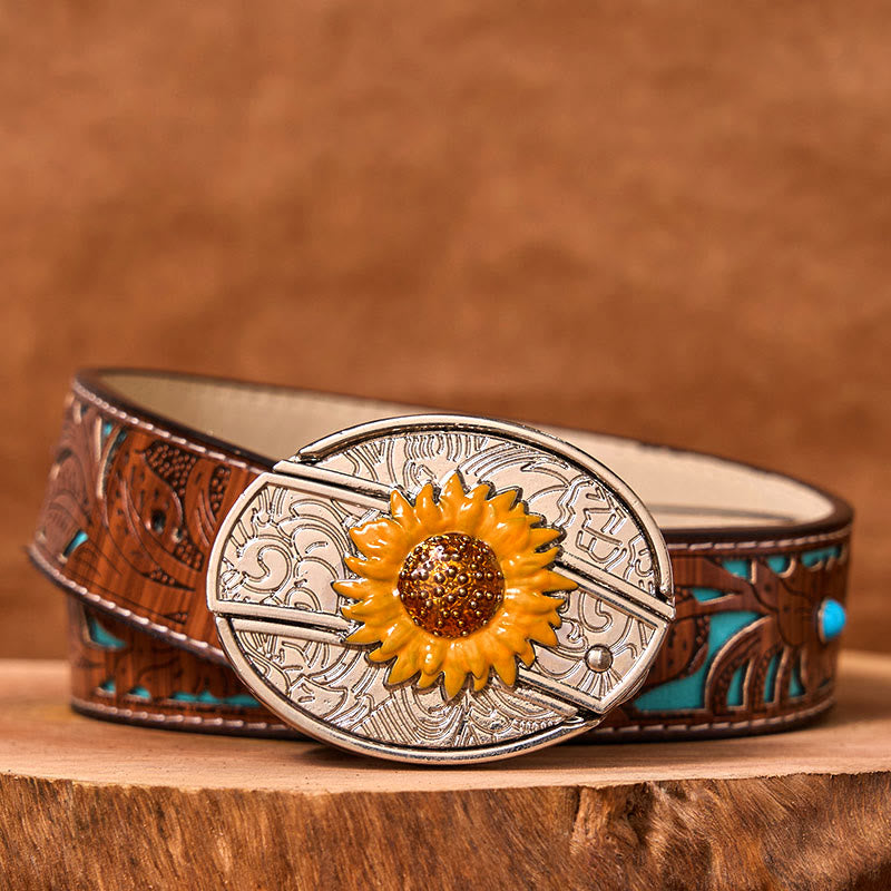Bunter Herren-Ledergürtel mit Sonnenblumen-Motiv und verstecktem Messer im Western-Stil (Vorverkauf)