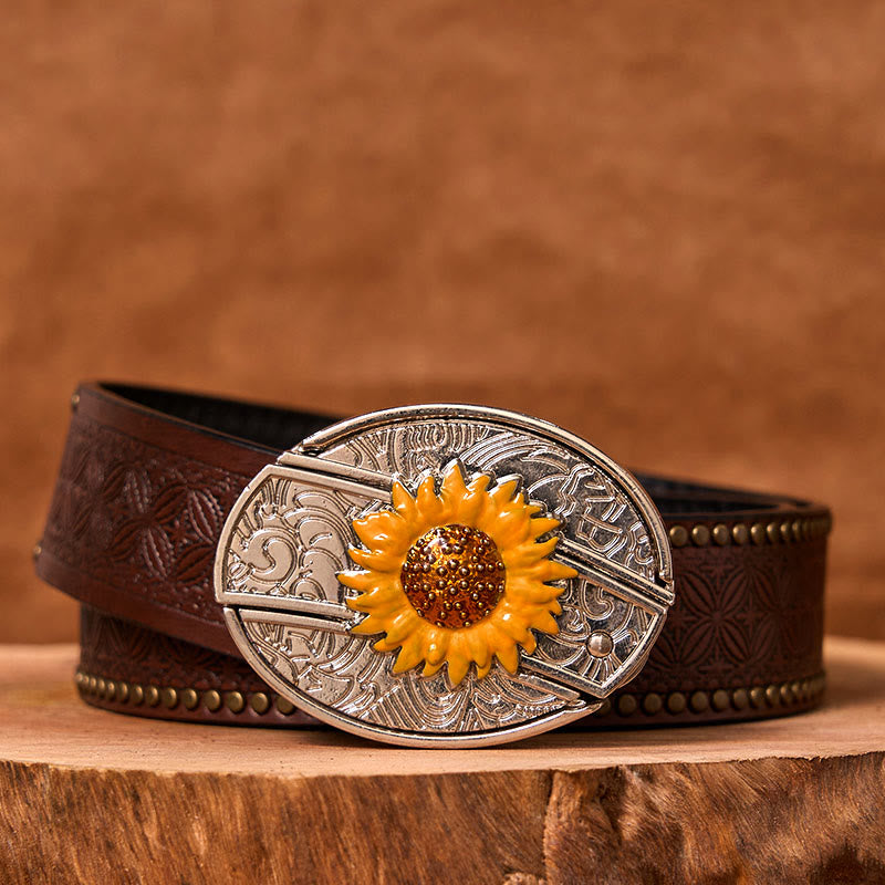 Bunter Herren-Ledergürtel mit Sonnenblumen-Motiv und verstecktem Messer im Western-Stil (Vorverkauf)
