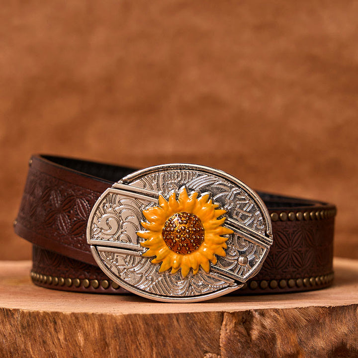 Bunter Herren-Ledergürtel mit Sonnenblumen-Motiv und verstecktem Messer im Western-Stil (Vorverkauf)