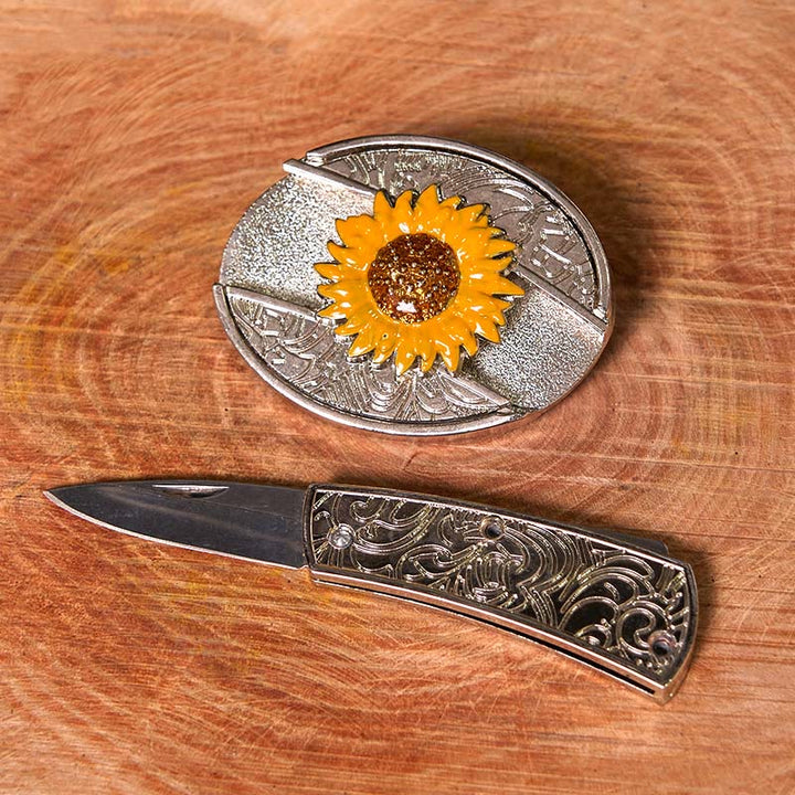 Bunter Herren-Ledergürtel mit Sonnenblumen-Motiv und verstecktem Messer im Western-Stil (Vorverkauf)
