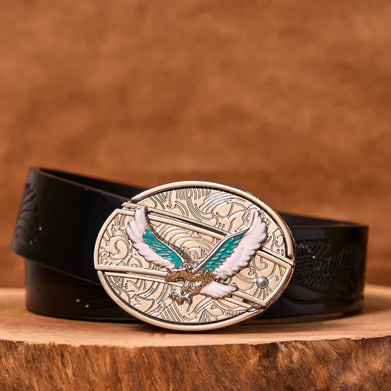 Herren DIY Blau & Weiß Fliegender Adler Verstecktes Klappmesser Ledergürtel