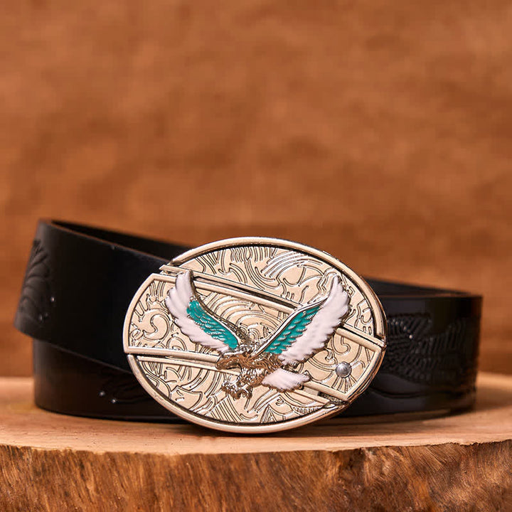 Herren DIY Blau & Weiß Fliegender Adler Verstecktes Klappmesser Ledergürtel