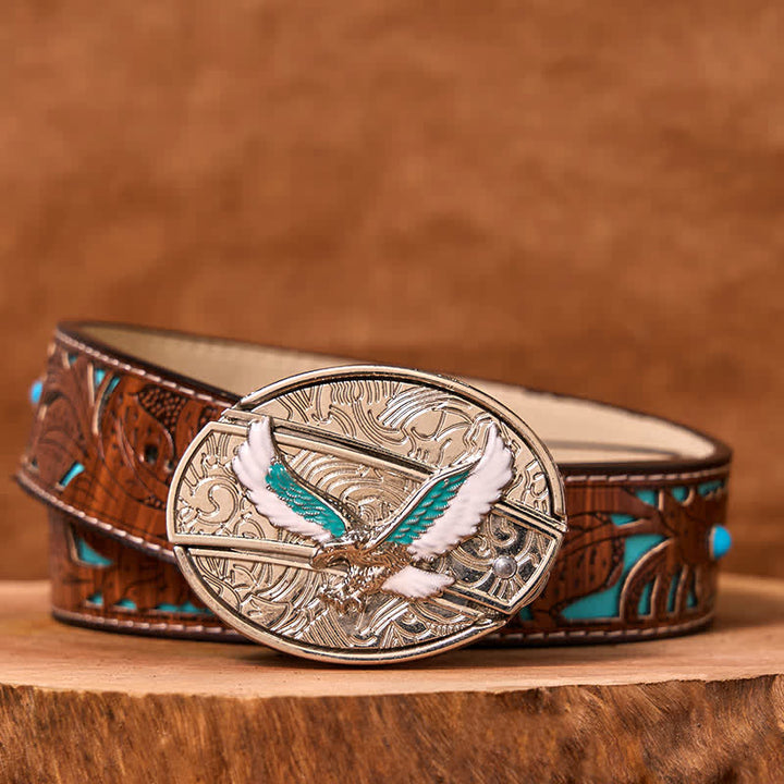 Herren DIY Blau & Weiß Fliegender Adler Verstecktes Klappmesser Ledergürtel