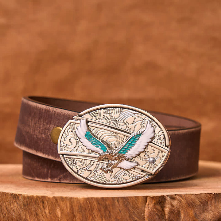 Herren DIY Blau & Weiß Fliegender Adler Verstecktes Klappmesser Ledergürtel