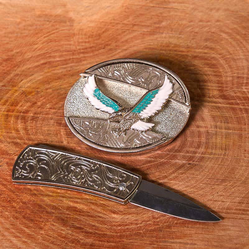 Herren DIY Blau & Weiß Fliegender Adler Verstecktes Klappmesser Ledergürtel