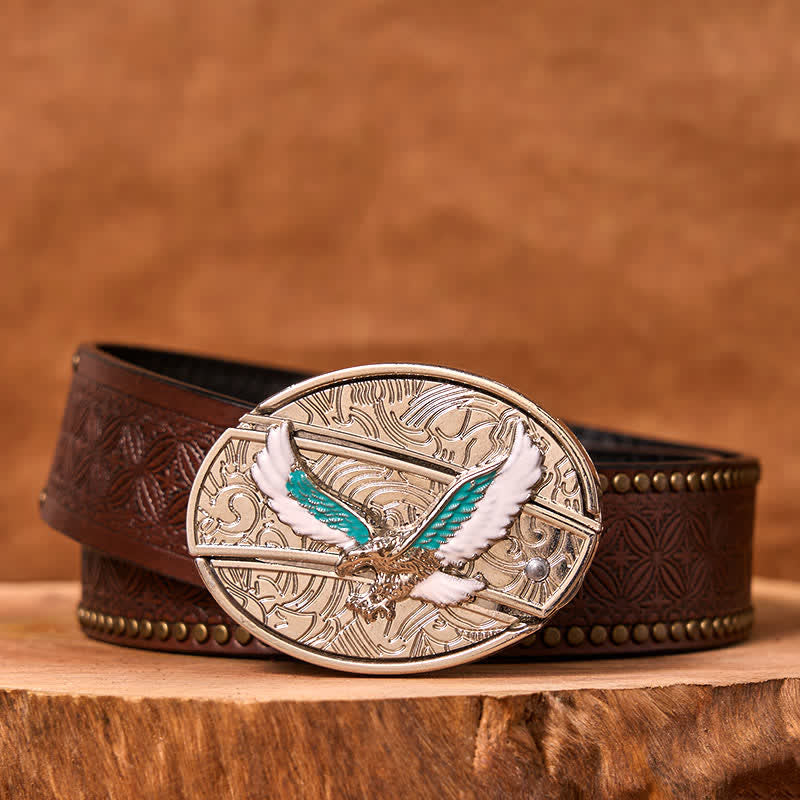 Herren DIY Blau & Weiß Fliegender Adler Verstecktes Klappmesser Ledergürtel