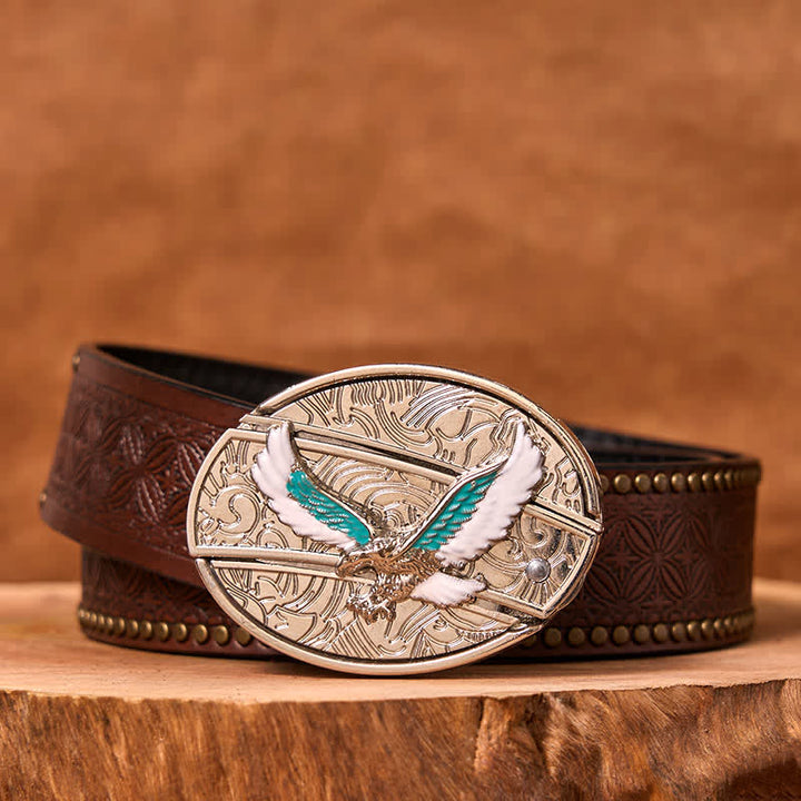 Herren DIY Blau & Weiß Fliegender Adler Verstecktes Klappmesser Ledergürtel