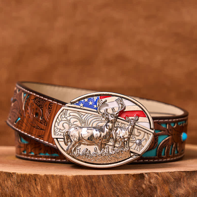 DIY-Ledergürtel für Herren mit emaillierter USA-Flagge und verstecktem Hirsch-Klappmesser (Vorverkauf)