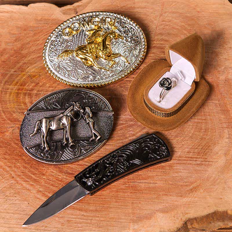DIY Western Cowgirl verstecktes Messer Gürtelschnalle Twist Rose Ring Bundle Set