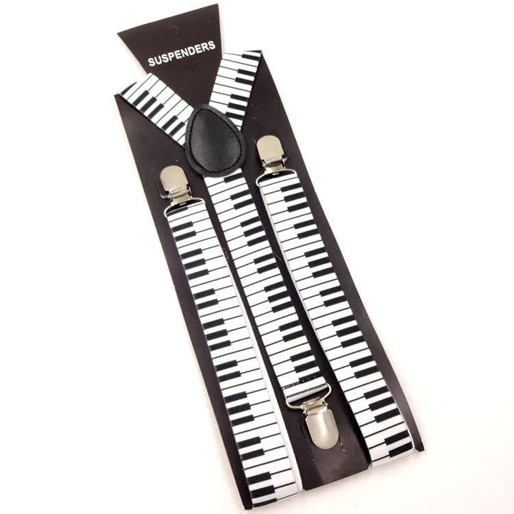 2-teiliges Set mit Fliege und Musikmotiv mit Klaviermuster und 3 Clips, verstellbare Hosenträger