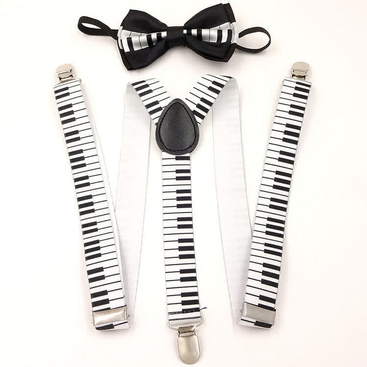2-teiliges Set mit Fliege und Musikmotiv mit Klaviermuster und 3 Clips, verstellbare Hosenträger