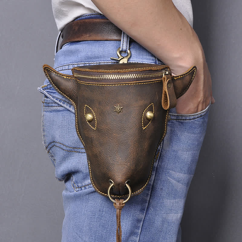 Gürteltasche aus echtem Crazy Horse-Leder mit Kuhkopf
