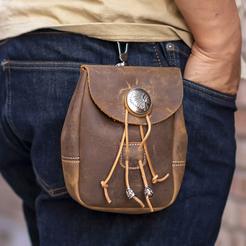 Kleine Geldbörse im indischen Stil mit Kordelzug, Gürteltasche aus Crazy Horse-Leder