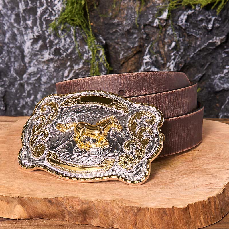 Gold Running Horse DIY Western Cowboy Schnalle Ledergürtel - Laufendes Pferd - Brauner Distressed-Gürtel - 42 - image 9
