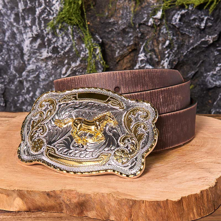 Gold Running Horse DIY Western Cowboy Schnalle Ledergürtel - Laufendes Pferd - Brauner Distressed-Gürtel - 42 - image 9