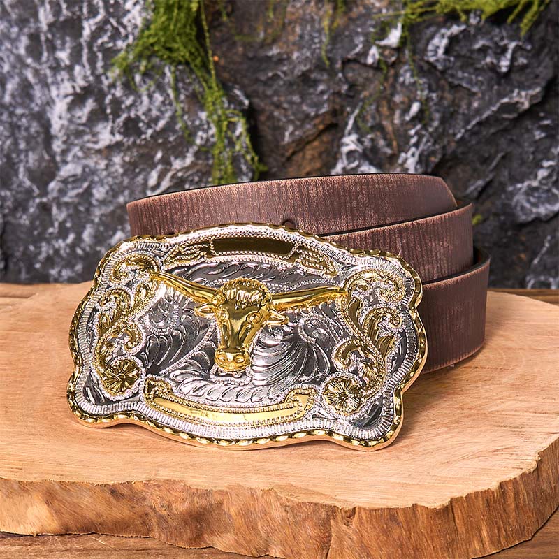 Gold Bullenkopf DIY Western Cowboy Schnalle Ledergürtel - Goldener Bullenkopf - Brauner Distressed-Gürtel - 42 - image 9