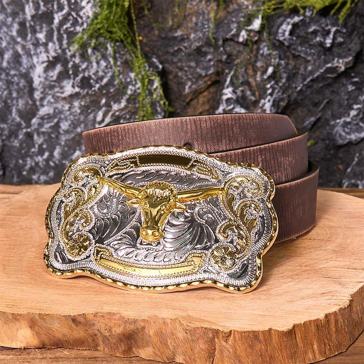 Gold Bullenkopf DIY Western Cowboy Schnalle Ledergürtel - Goldener Bullenkopf - Brauner Distressed-Gürtel - 42 - image 9