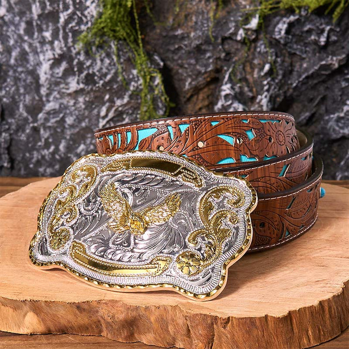 Gold Flying Eagle DIY Western Cowboy Schnalle Ledergürtel - Fliegender Adler - Türkisfarbener geschnitzter Gürtel - 42 - image 7