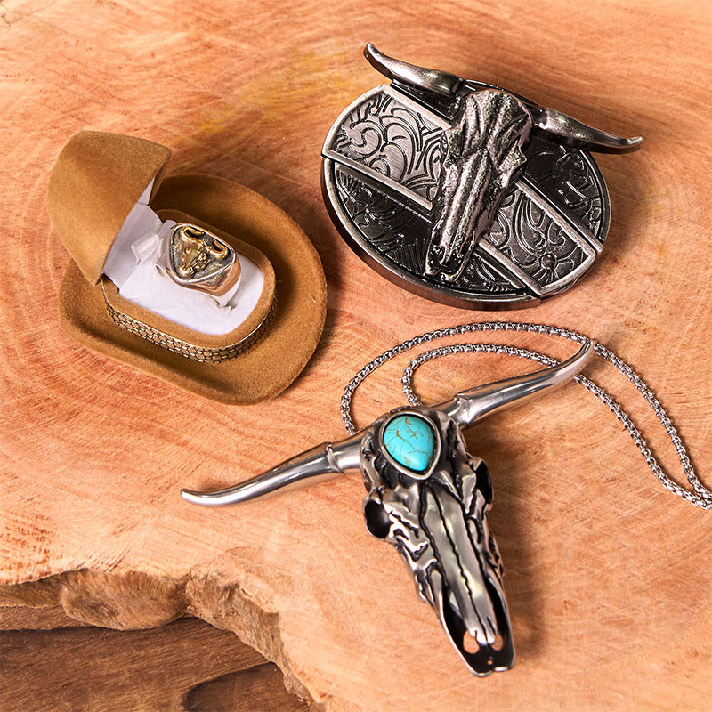 Longhorn Skull DIY Gürtelschnalle mit verstecktem Messer und Bullenring-Bundle-Set