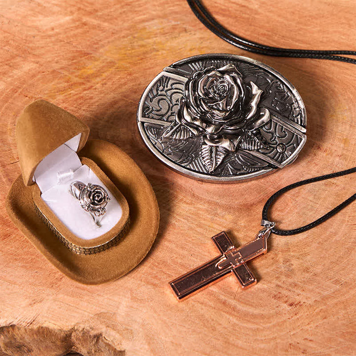 Rosenmotiv, DIY-Gürtelschnalle mit verstecktem Messer, Kreuzanhänger, Rosenring-Set