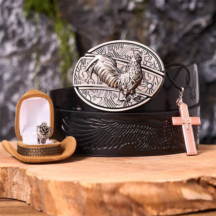 Lustiger Hahn DIY verstecktes Messer Gürtelschnalle Kreuz Anhänger Rose Ring Bundle Set