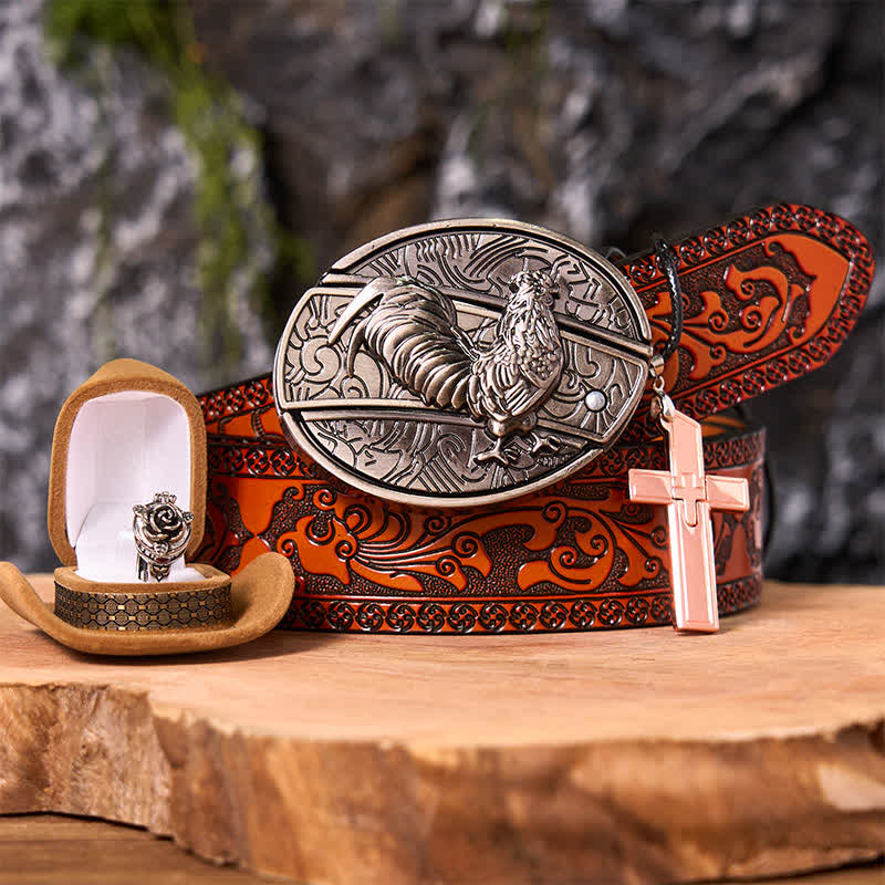 Lustiger Hahn DIY verstecktes Messer Gürtelschnalle Kreuz Anhänger Rose Ring Bundle Set