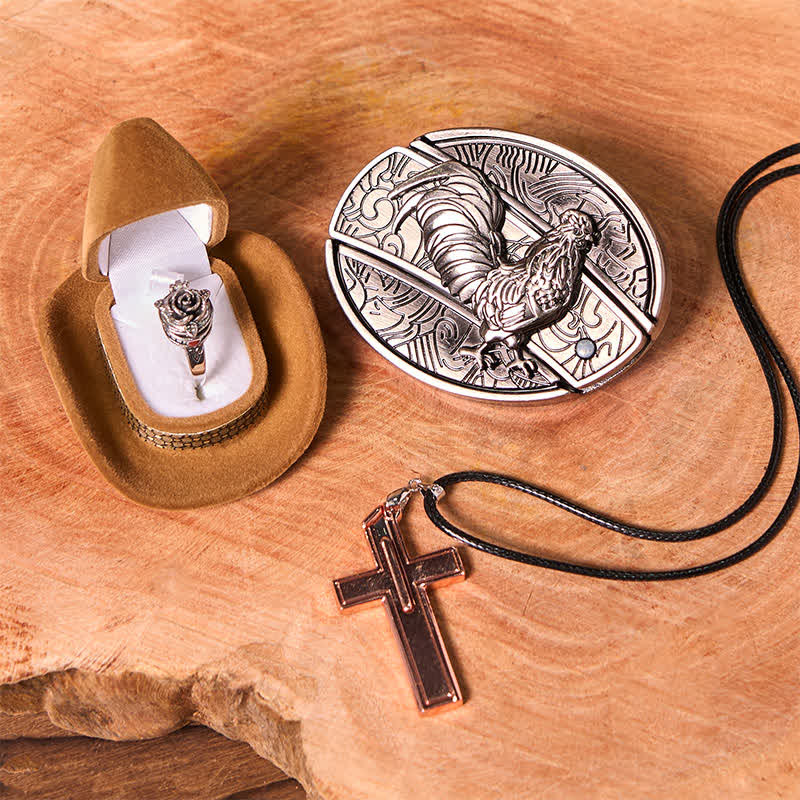 Lustiger Hahn DIY verstecktes Messer Gürtelschnalle Kreuz Anhänger Rose Ring Bundle Set